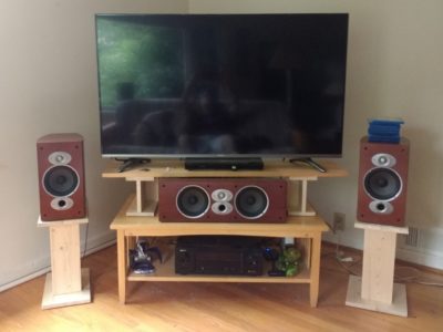 Final result with speaker stands and I beam risers to support the shelf the TV is on